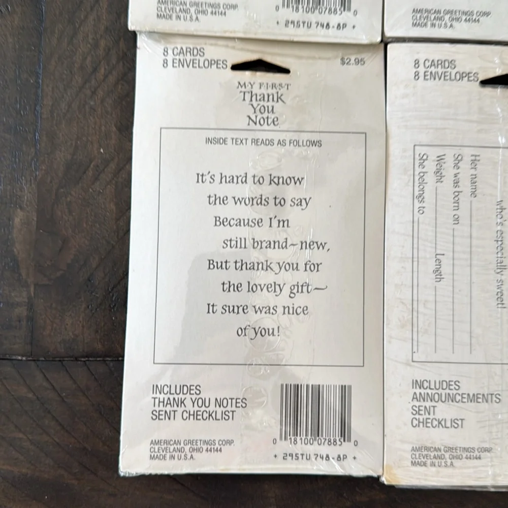 7 unopened packages of 1980s birth announcements and thank you notes.